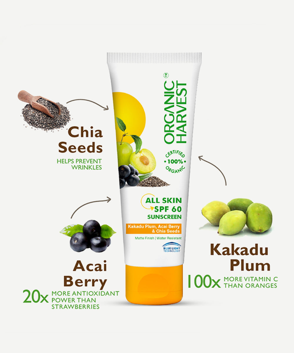 Organic Harvest   All Skin SPF 60 Sunscreen with Kakadu Plum Acai Berry and Chia Seed