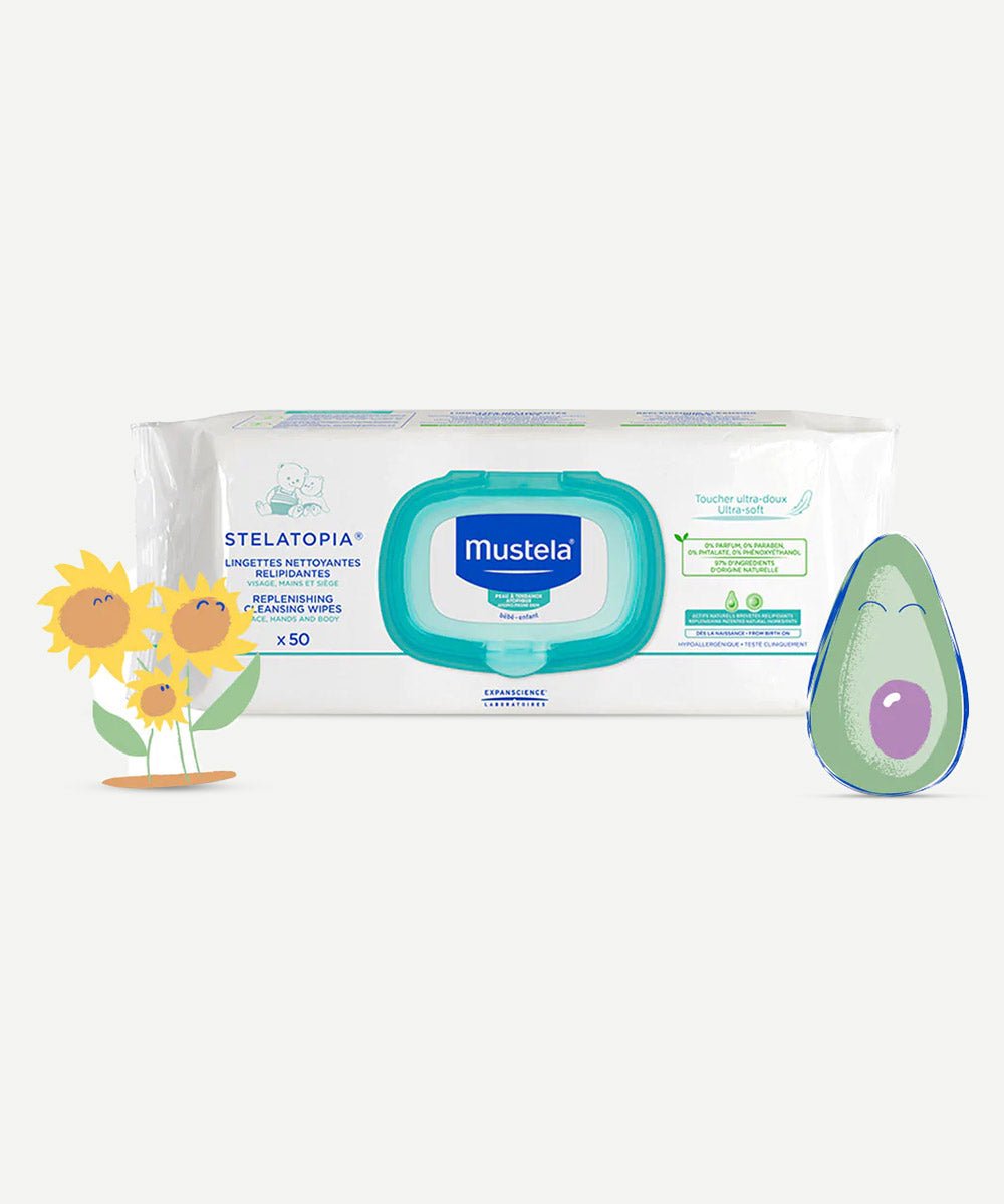 Mustela - Fragrance-Free Stelatopia Replenishing Cleansing Wipes with Sunflower Oil to Cleanse & Replenish The Skin - Secret Skin